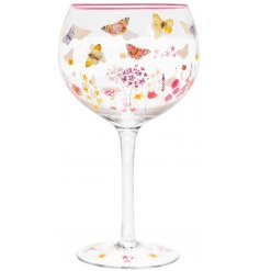  A beautifully decorated Gin Glass featuring a delightfully colourful flower and butterfly print 