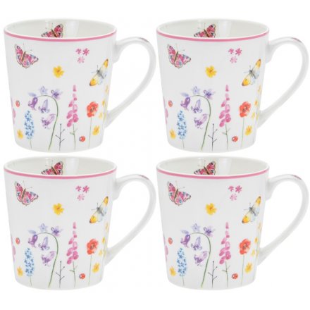 Floral Butterflies Set of 4 China Mugs  
