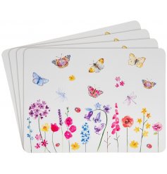  A set of 4 cork back placemats, each decorated with a Floral Butterflies printed finish 