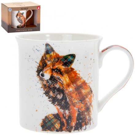 a fine China Mug featuring a printed fox made up of bold patterns and colours 