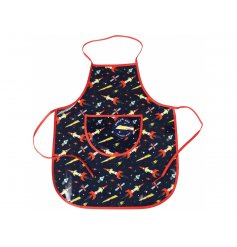 A cool kids apron set with a Space Age decal 
