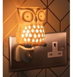  A plug in aroma lamp in a cute owl form, with a dipped dish on top and a warm white light shining through 