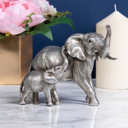 Elephant & Calf Silver Art Ornament 