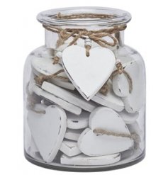  A mix of 36 rustic white wooden heart shaped tokens, perfectly preserved in a glass jar 