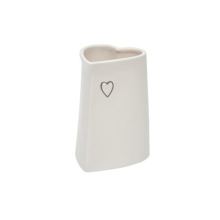 small tall standing heart shaped vase with a sleek white tone and added embossed heart decal 