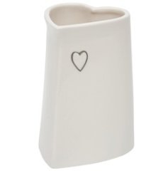 small tall standing heart shaped vase with a sleek white tone and added embossed heart decal 
