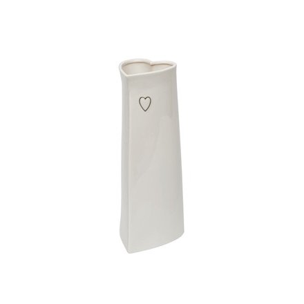 A tall standing heart shaped vase with a sleek white tone and added embossed heart decal 