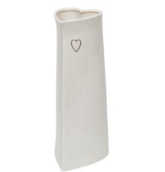 A sleek and simple tall standing ceramic vase in a heart shape 