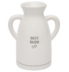 A double handed ceramic vase with an embossed 'Best Buds' text decal 