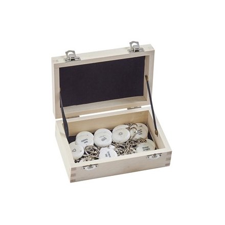 A box of mini token keyrings, each covered with a double sided print and text 