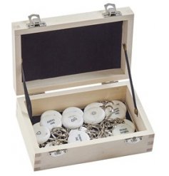 A box of mini token keyrings, each covered with a double sided print and text 