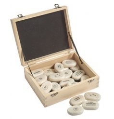 A box of mini tokens, each covered with a double sided print and text 