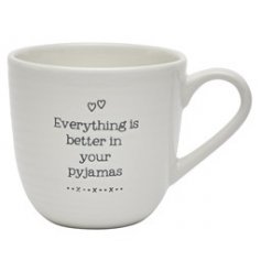 A sleek and simple Ceramic Mug featuring an embossed text decal 