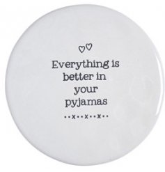  A cute and simple ceramic coaster set with a smooth glazed finish and script text decal on top 
