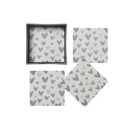 Grey Heart Coaster Set, 11cm 