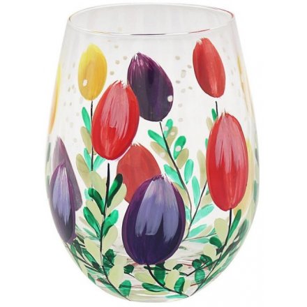 Hand Painted Stemless Glass, Tulips 