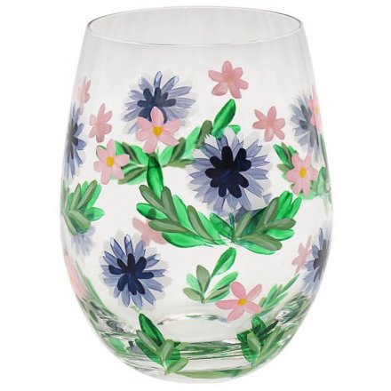 Hand Painted Stemless Glass, Cornflowers 