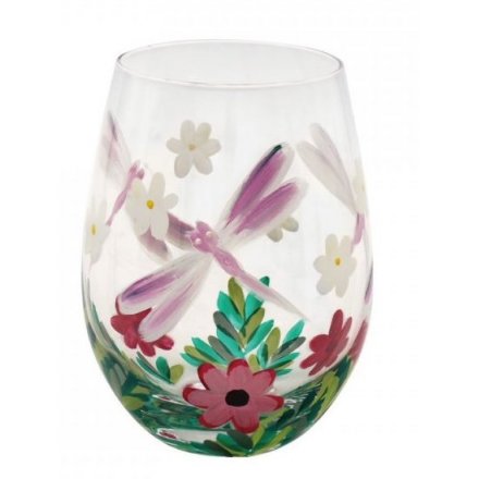 Hand Painted Stemless Glass, Dragonflies