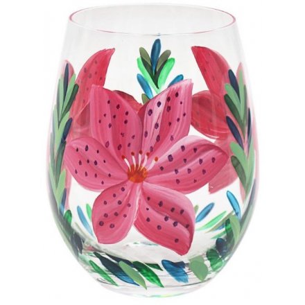Hand Painted Stemless Glass, Pink Lily