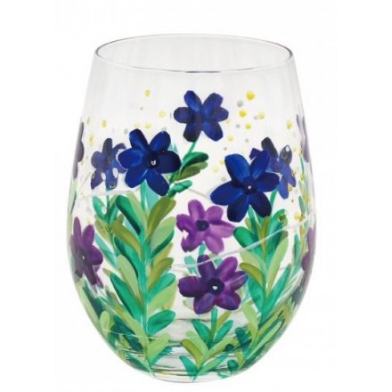 Hand Painted Stemless Glass, Blue Meadow