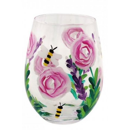 Hand Painted Stemless Glass, Bees & Flowers