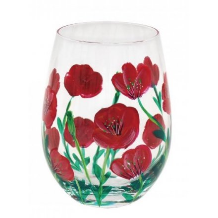 Hand Painted Stemless Glass, Poppies