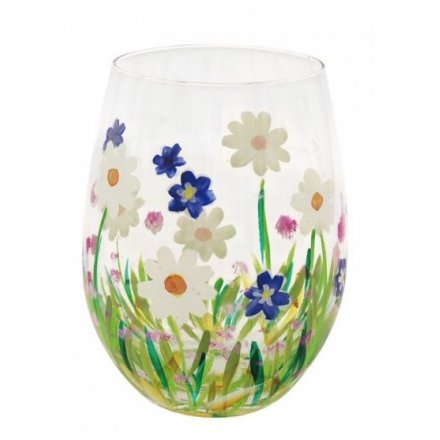 Hand Painted Stemless Glass, Dainty Daisies