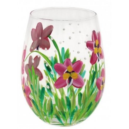 Hand Painted Stemless Glass, Pink Orchids