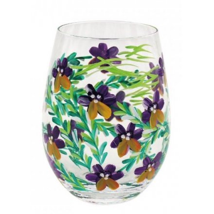 Hand Painted Stemless Glass, Pansies