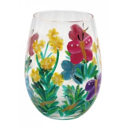 Hand Painted Stemless Glass, Flowers & Butterflies