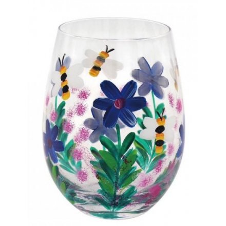 Hand Painted Stemless Glass, Flowers & Bees