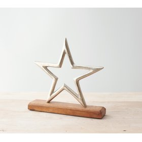 A natural wood block based ornament with a textured metal star to feature