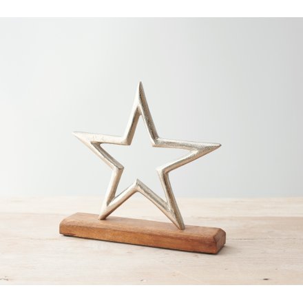 Silver Metal Star on Wooden Base, 22cm