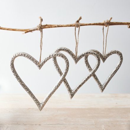 Stylish Pair of Silver Metal Hanging Heart Decorations Christmas Tree Heart  Decorations 12 and 10cm Hung With Jute String 