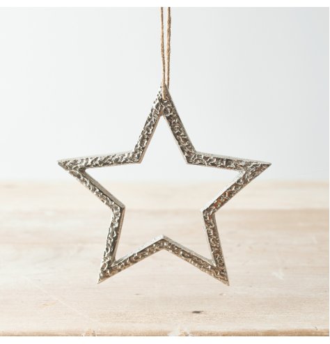 A stylish and chic metal star decoration. Complete with a textured surface finish and jute string hanger.