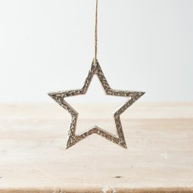A stylish and on trend silver hanging star decoration. Complete with textured detailing and a jute string hanger.