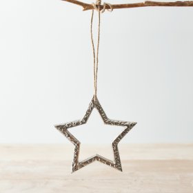 A stylish metal hanging star decoration with a textured finish and rustic jute string hanger.