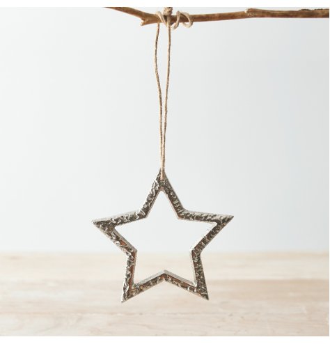 A chic silver star hanging decoration with jute string and a textured finish. 