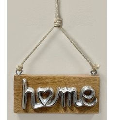 A small and simple natural wooden block plaque featuring a rustic metal Home text decal 