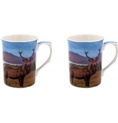  A set of Fine China Mugs, each decorated with a printed Stag image 