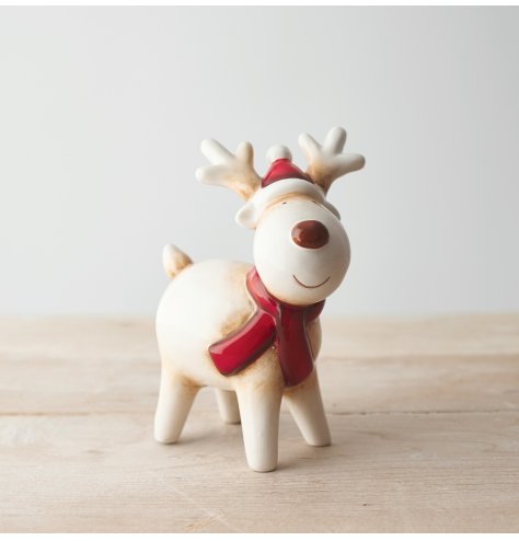 A sweet and simple white reindeer with a red nose, a charming character decoration to place in the home 