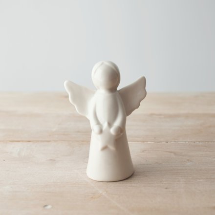 A sweet and simple white glazed angel ornament with a star decal and minimal look 