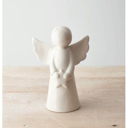A sweet and simple white glazed angel ornament with a star decal and minimal look 