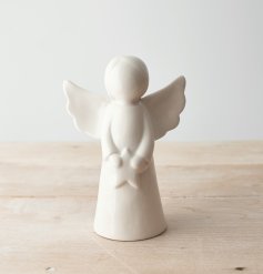 A beautifully simple angel shaped ornament with minimal detail and a sleek white glazed look 