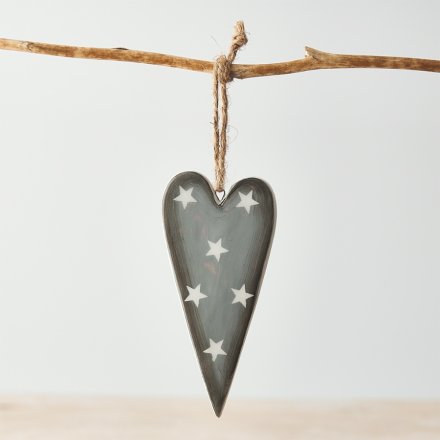 Hanging Grey Heart With Stars, 10cm 