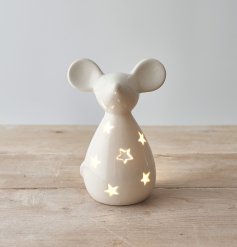 A charmingly simple ceramic mouse decoration with a sleek white glaze and cut star decal 