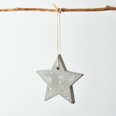 Hanging Concrete Star With Snowflakes, 8cm 
