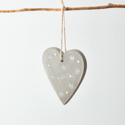 Hanging Concrete Heart With Snowflakes, 10cm 