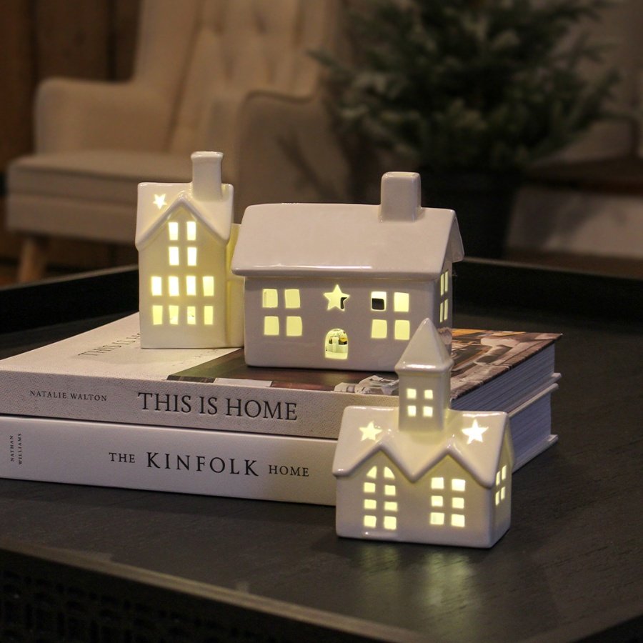 Simple Ceramic House LED 12.5cm Christmas Decorations / Light Up
