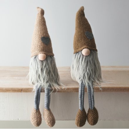 A quirky mix of plush sitting gonk decorations, both set with natural colour tones and extra fuzzy grey beards 